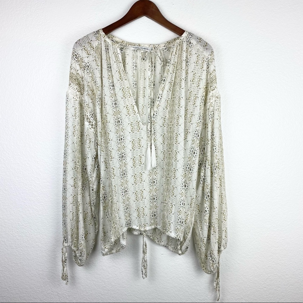FAITHFULL THE BRAND Peasant Blouse, Tassels, White, Tan, Black, Size Medium